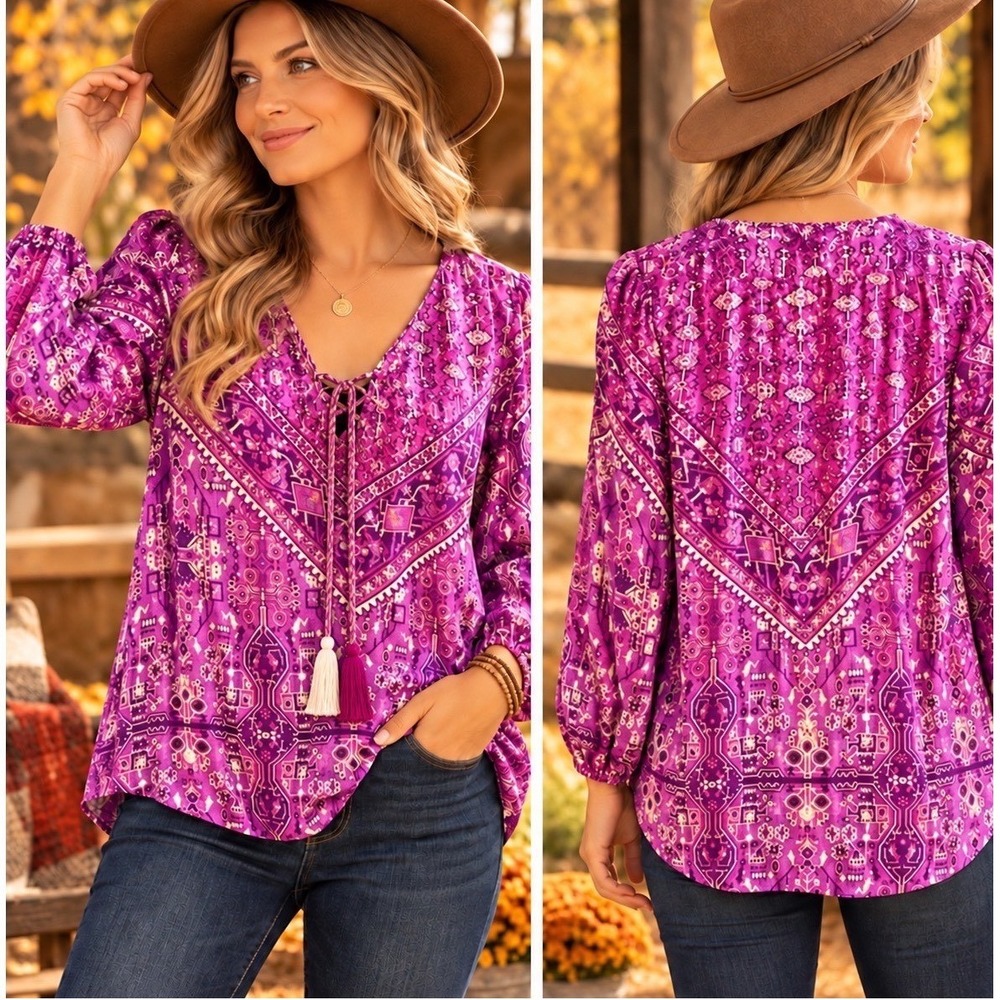 Roamans 16W Bright Purple Boho Geometric Tassel Lace Up Rayon Peasant Blouse